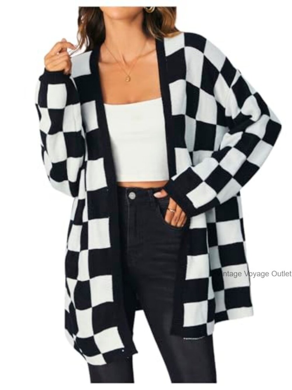 Oversized Plaid Drop Shoulder Open Front Cardigan Sweater